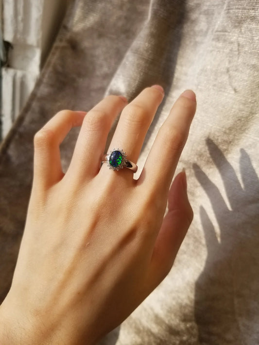 Sterling Silver Raya Triplet Opal Ring with Cubic Zirconia Halo