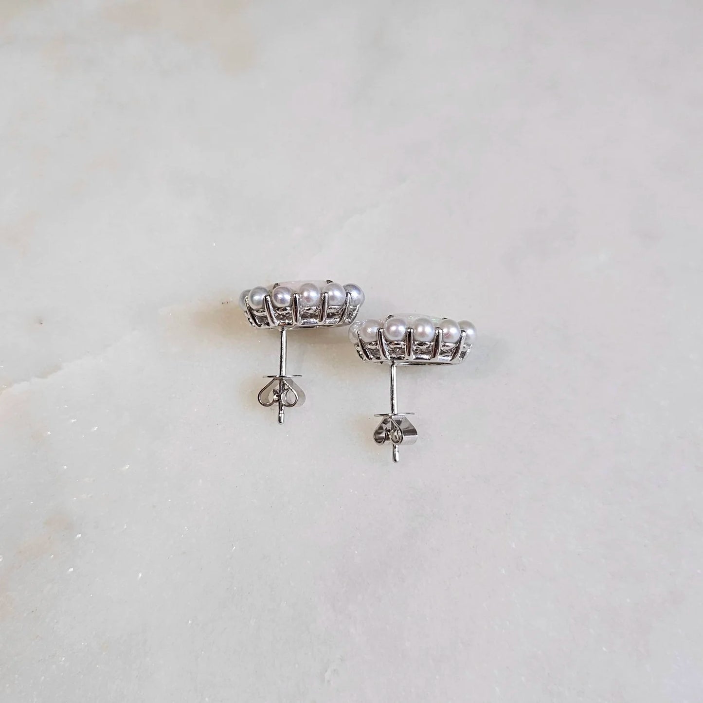 14K White Opal Earrings with Akoya Pearl Halo