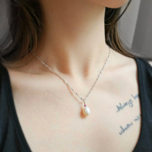 Sterling Silver Freshwater Pearl with Natural Ruby Pendant