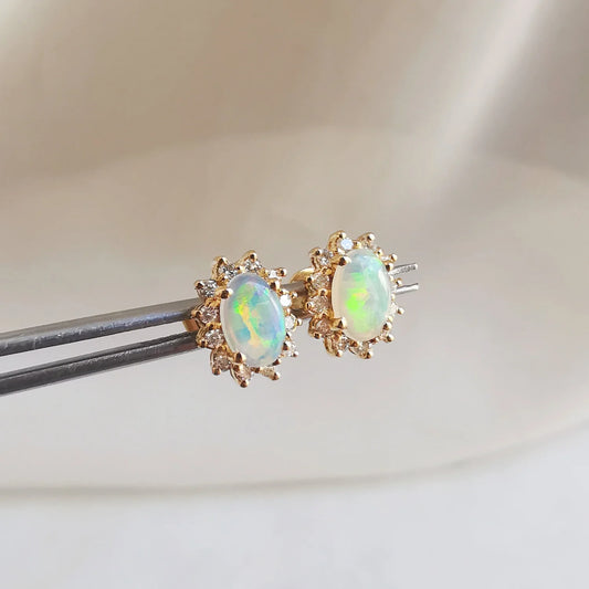 18K White Opal Earrings with Diamond Halo (SMALL)