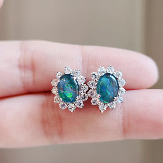 Sterling Silver Halo Triplet Opal Stud Earrings (Medium)