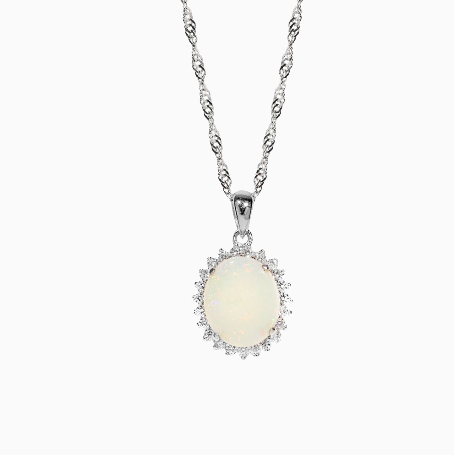 Sterling Silver Diana Solid White Opal Pendant with Cubic Zirconia Halo (Medium)
