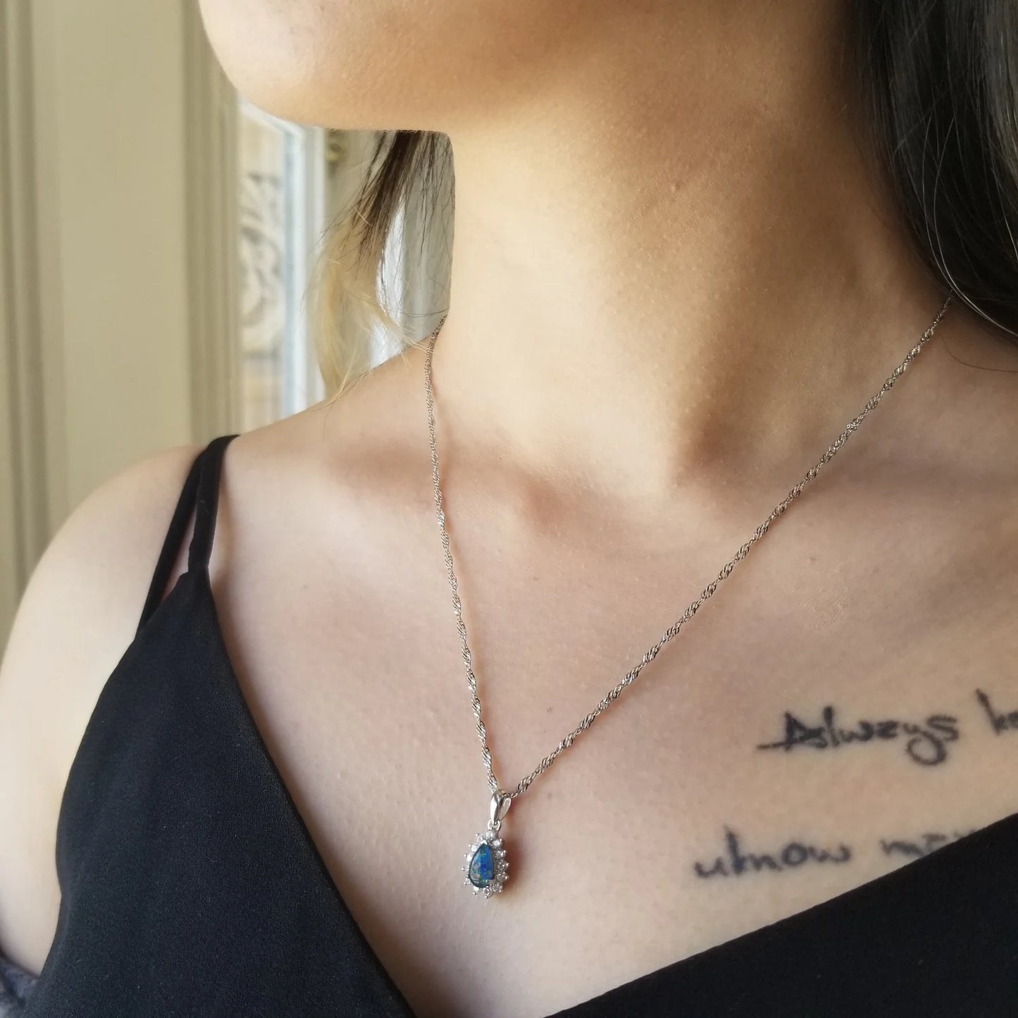 Sterling Silver Pear Triplet Opal Pendant with Halo