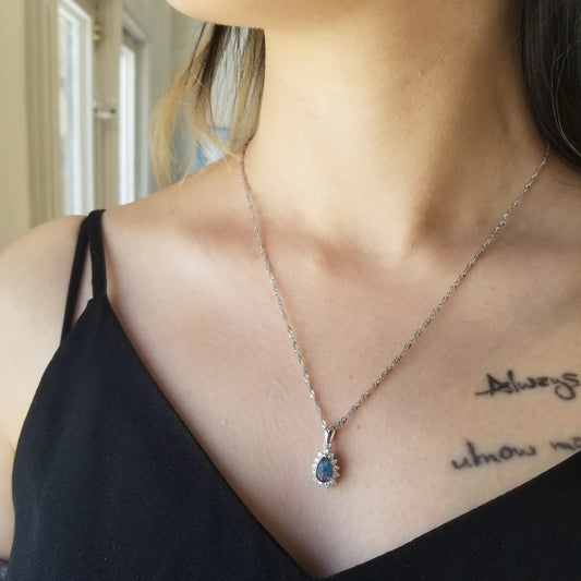 Sterling Silver Pear Triplet Opal Pendant with Halo