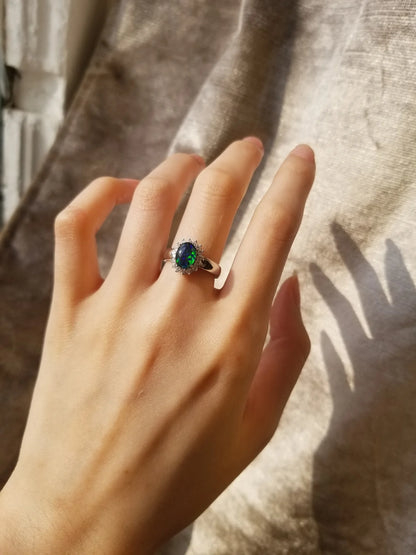 Sterling Silver Raya Triplet Opal Ring with Cubic Zirconia Halo