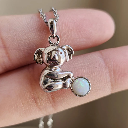 Sterling Silver Koala Globe Solid White Opal Pendant