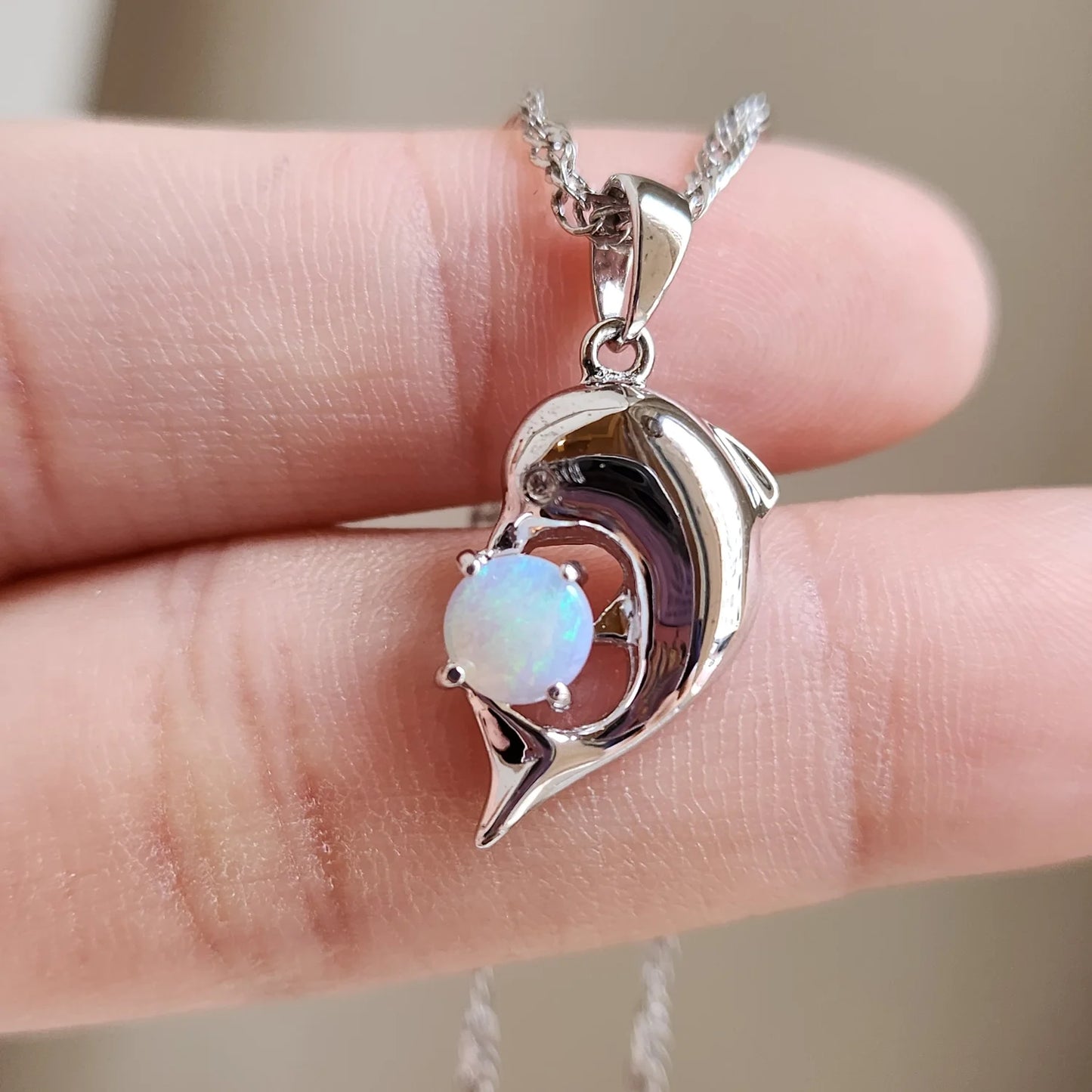 Sterling Silver Dolphin Solid White Opal Pendant