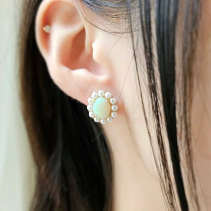 14K White Opal Earrings with Akoya Pearl Halo