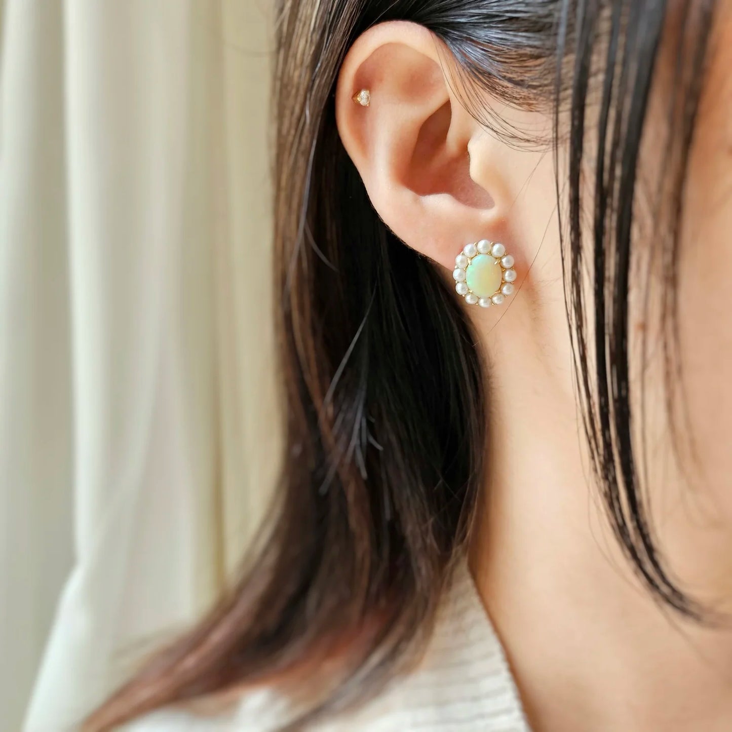 14K White Opal Earrings with Akoya Pearl Halo