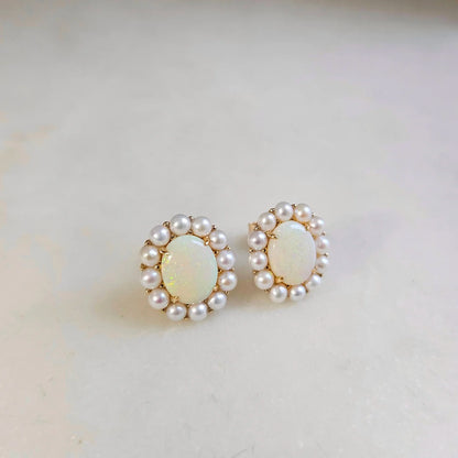 14K White Opal Earrings with Akoya Pearl Halo