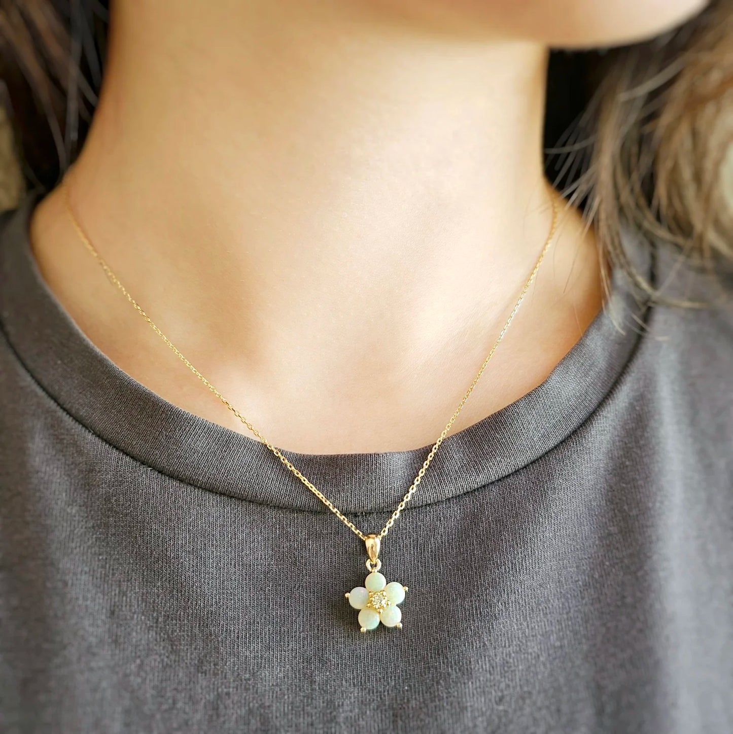 14K Forget-Me-Not Opal Flower Pendant