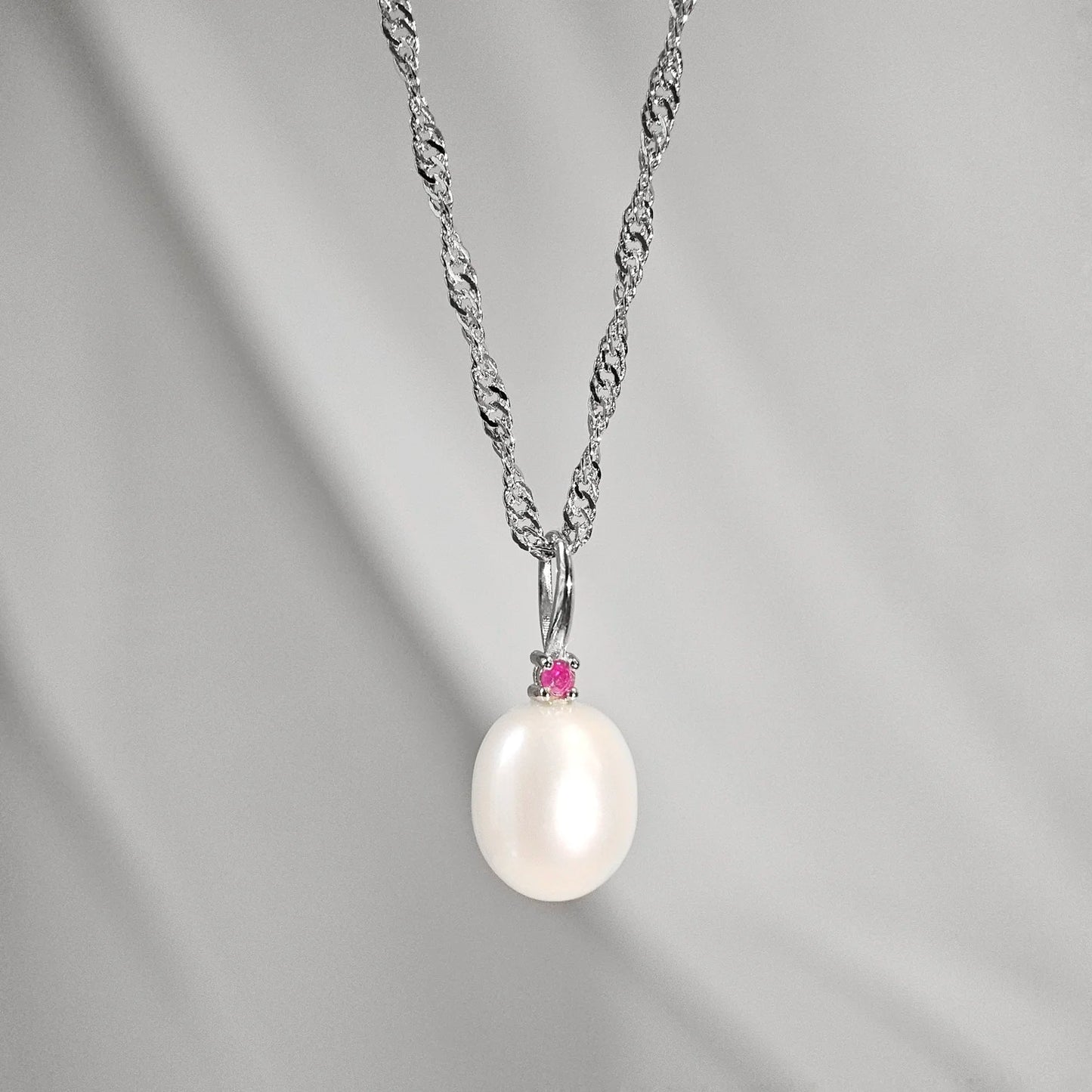 Sterling Silver Freshwater Pearl with Natural Ruby Pendant