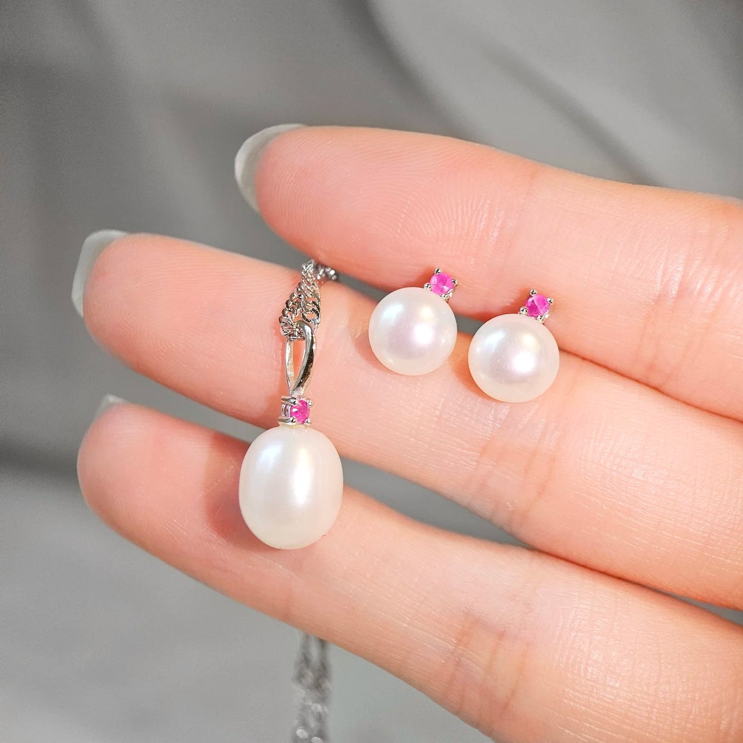 Sterling Silver Freshwater Pearl with Natural Ruby Pendant