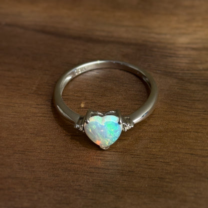 18K Heart White Opal Ring with Diamonds