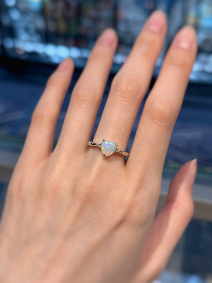 18K Heart White Opal Ring with Diamonds