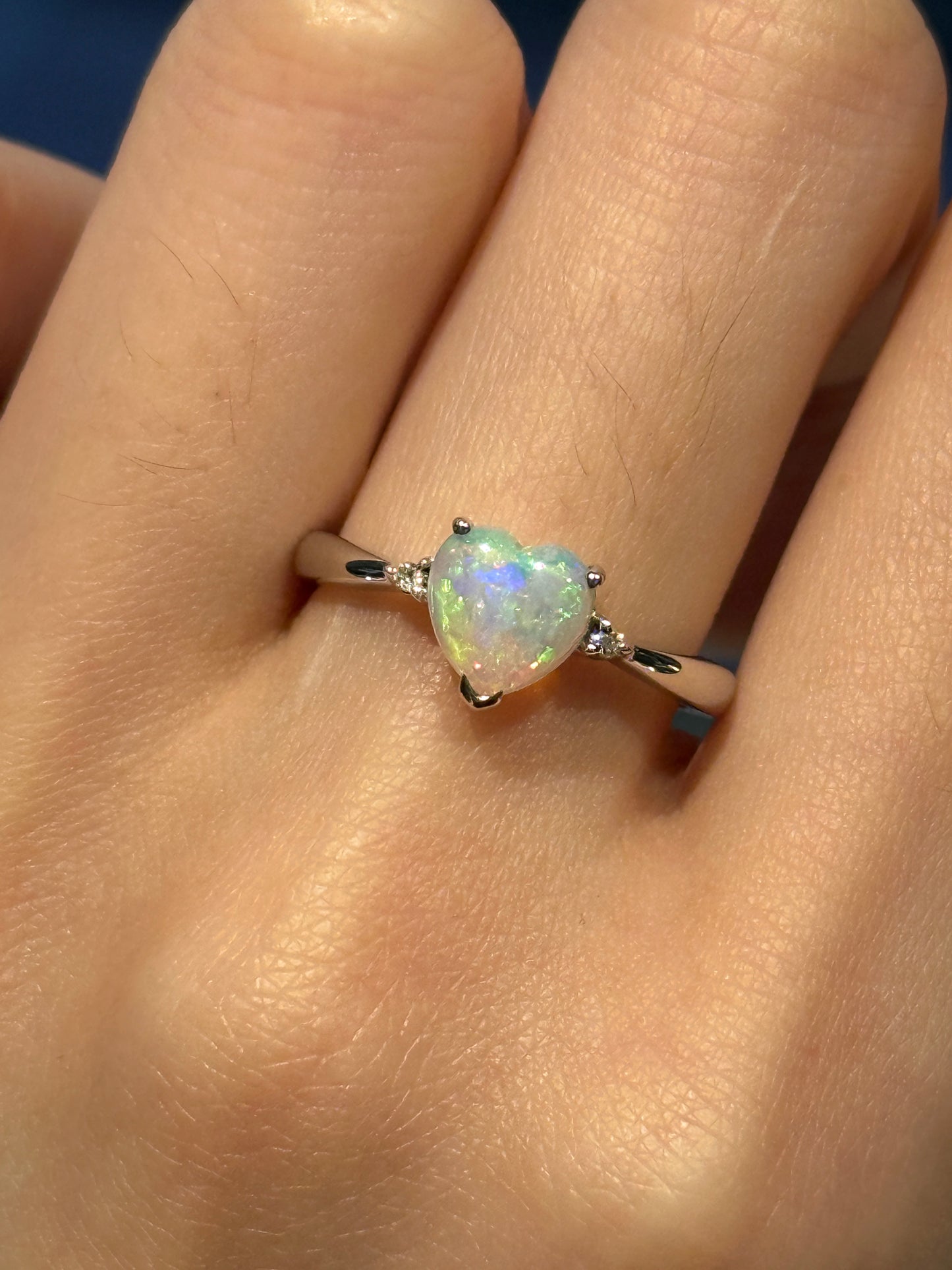 18K Heart White Opal Ring with Diamonds