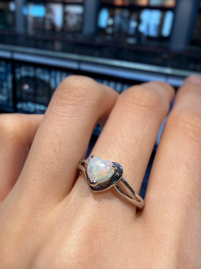 18K Heart White Opal Ring with Diamond