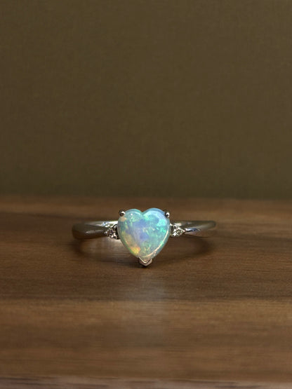18K Heart White Opal Ring with Diamonds
