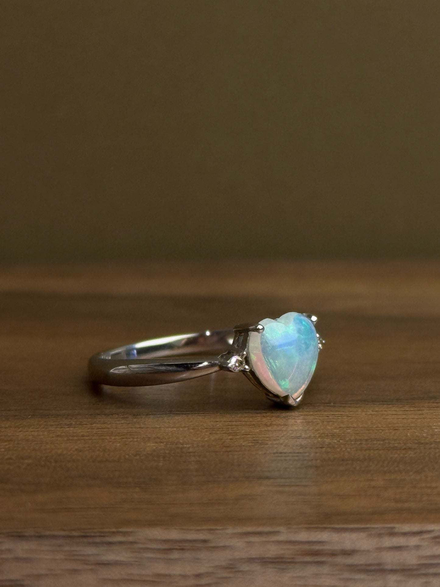 18K Heart White Opal Ring with Diamonds