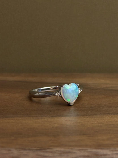 18K Heart White Opal Ring with Diamonds