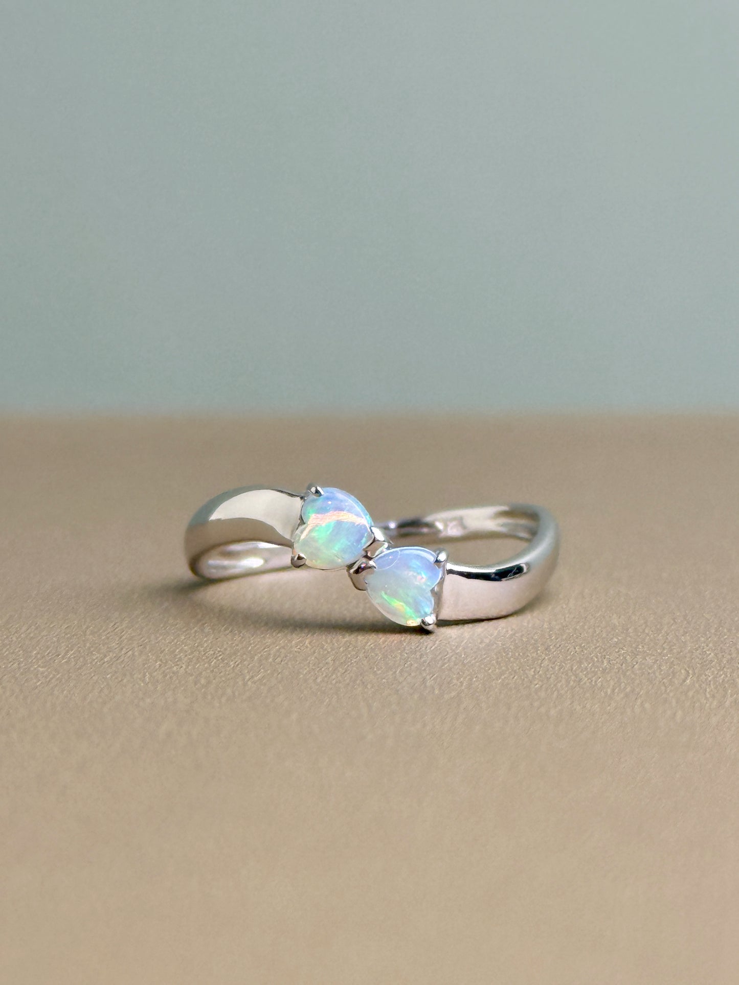 18K Two Hearts White Opal Ring