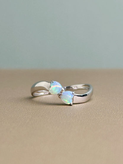 18K Two Hearts White Opal Ring