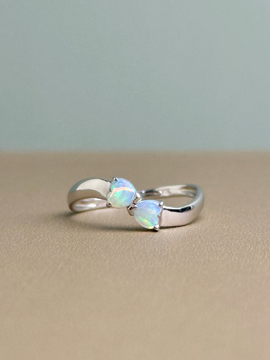 18K Two Hearts White Opal Ring