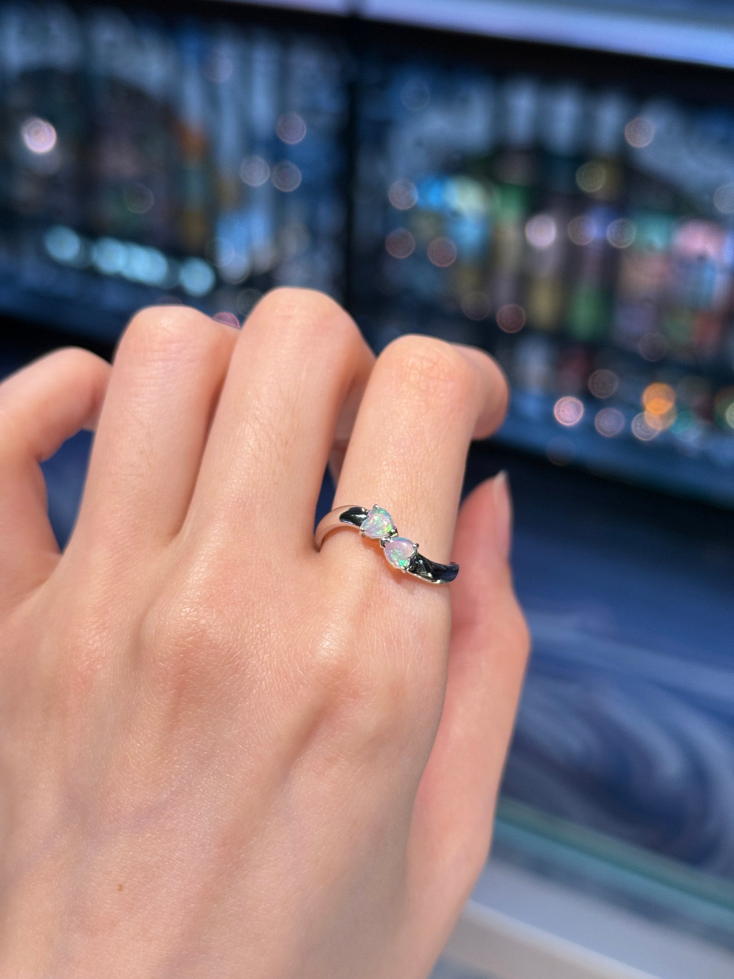 18K Two Hearts White Opal Ring