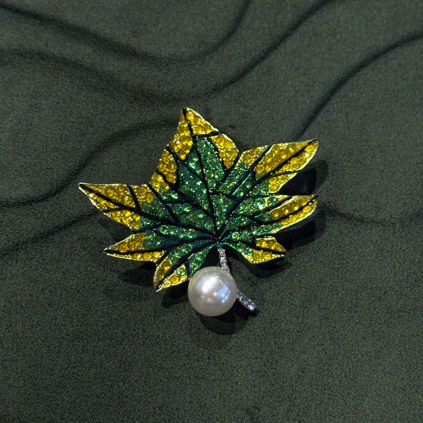 Green Maple Leaf Crystal Brooch