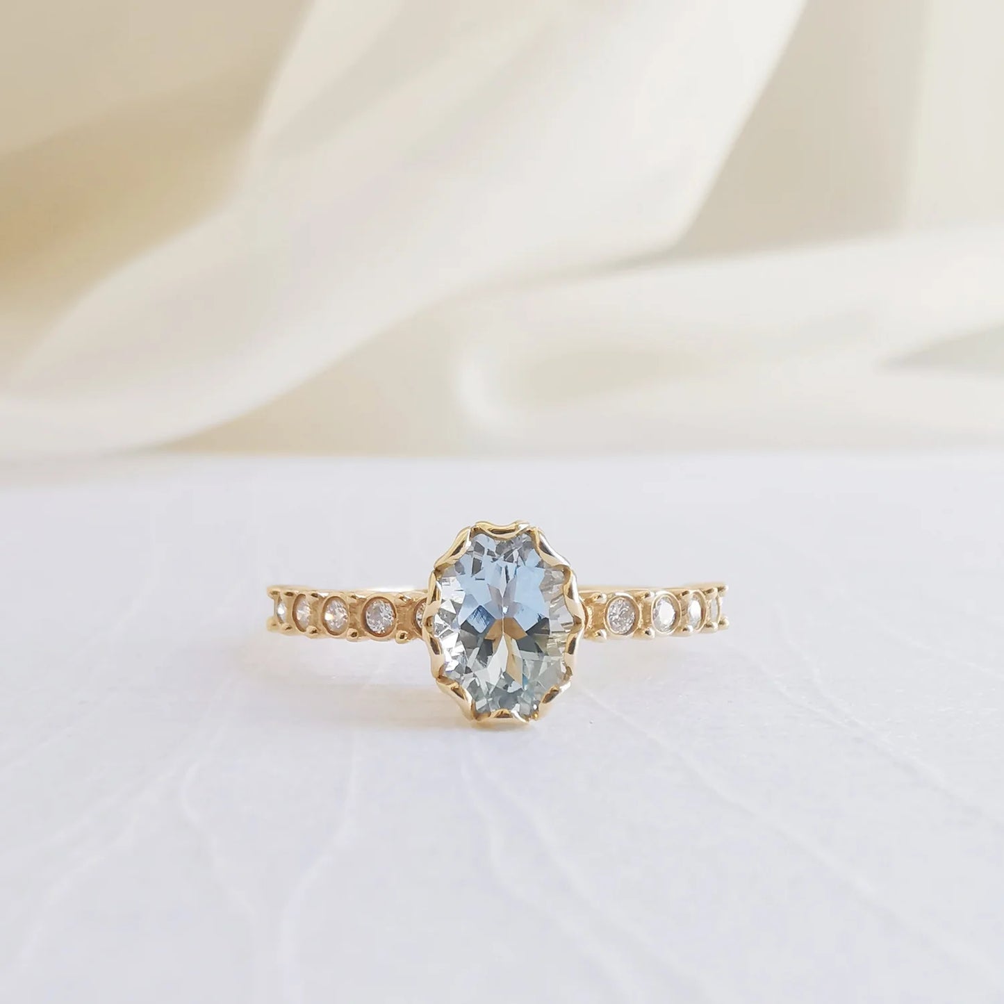 18K Basket Aquamarine and Diamond Ring