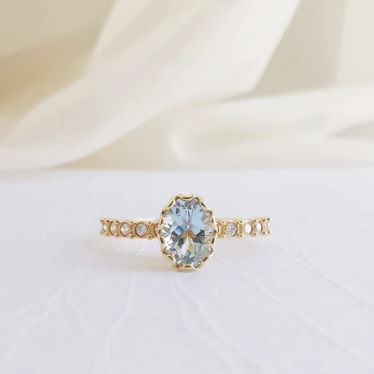 18K Basket Aquamarine and Diamond Ring