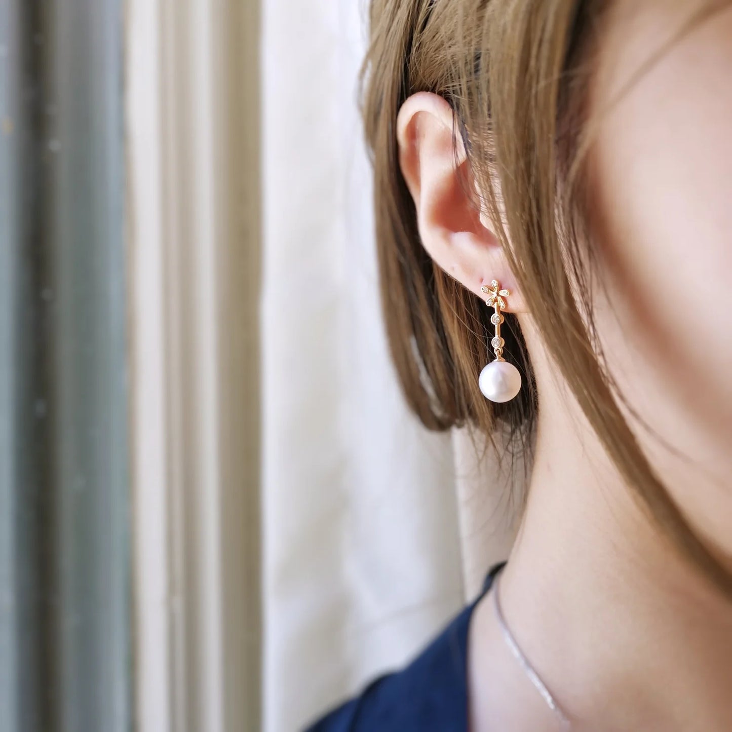 18K Daisy Akoya and Diamond Dangling Earring