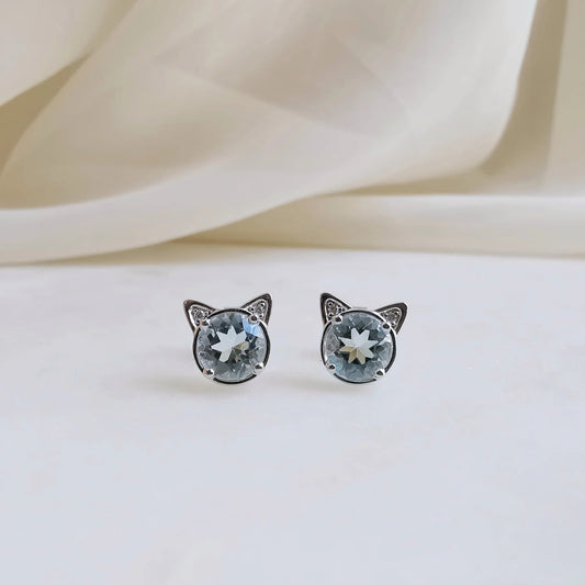 18K Aquamarine Cat Earring