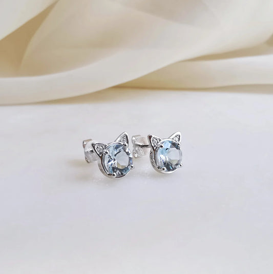 18K Aquamarine Cat Earring