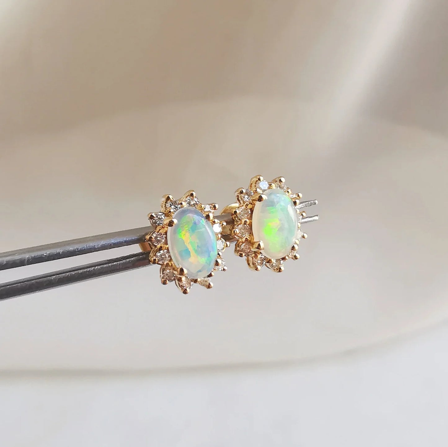 18K White Opal Earrings with Diamond Halo (SMALL)