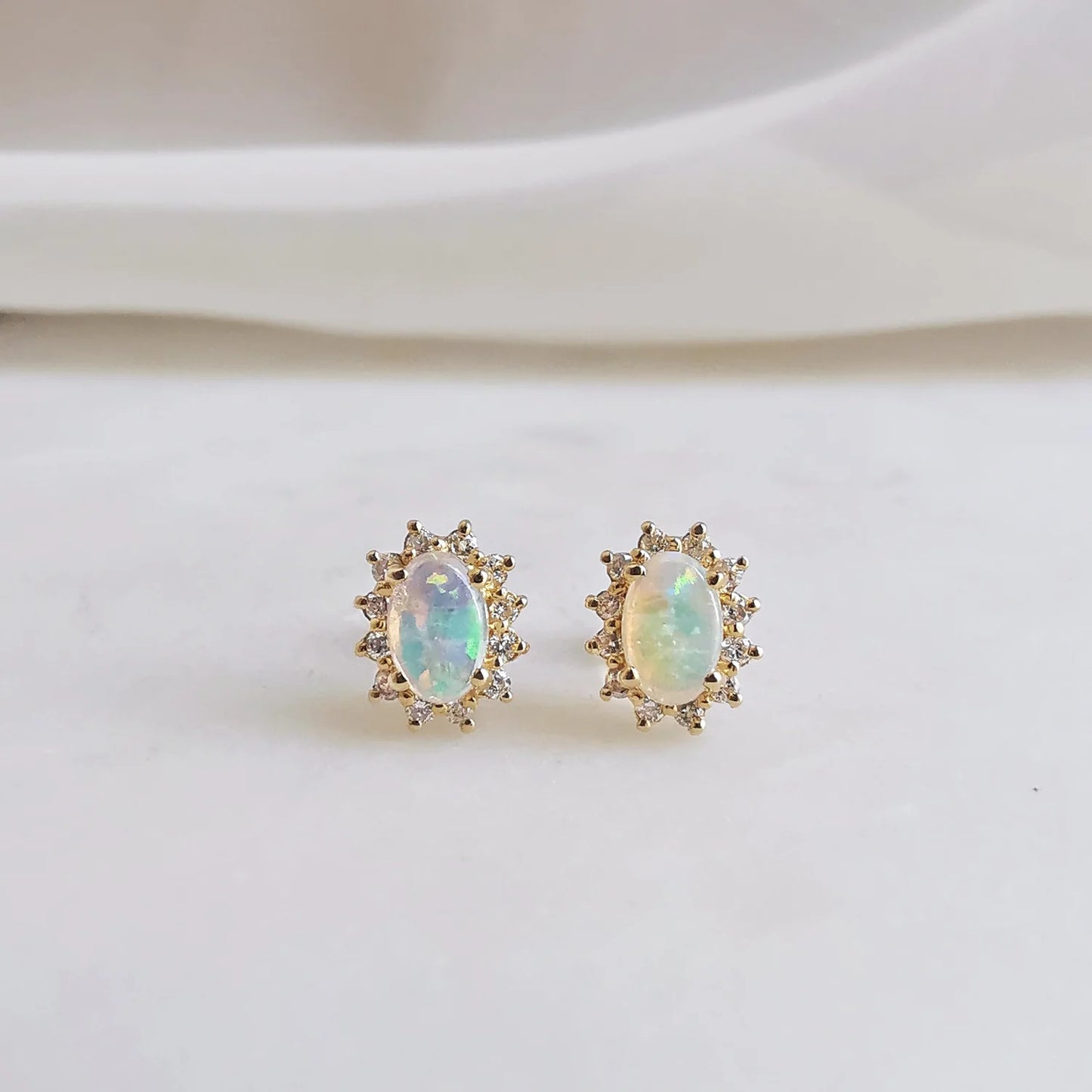 18K White Opal Earrings with Diamond Halo (SMALL)