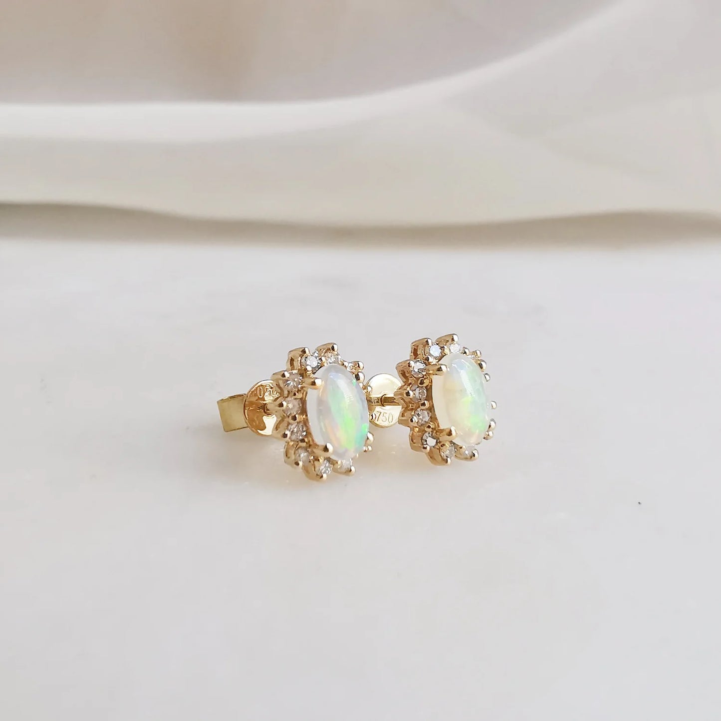 18K White Opal Earrings with Diamond Halo (SMALL)