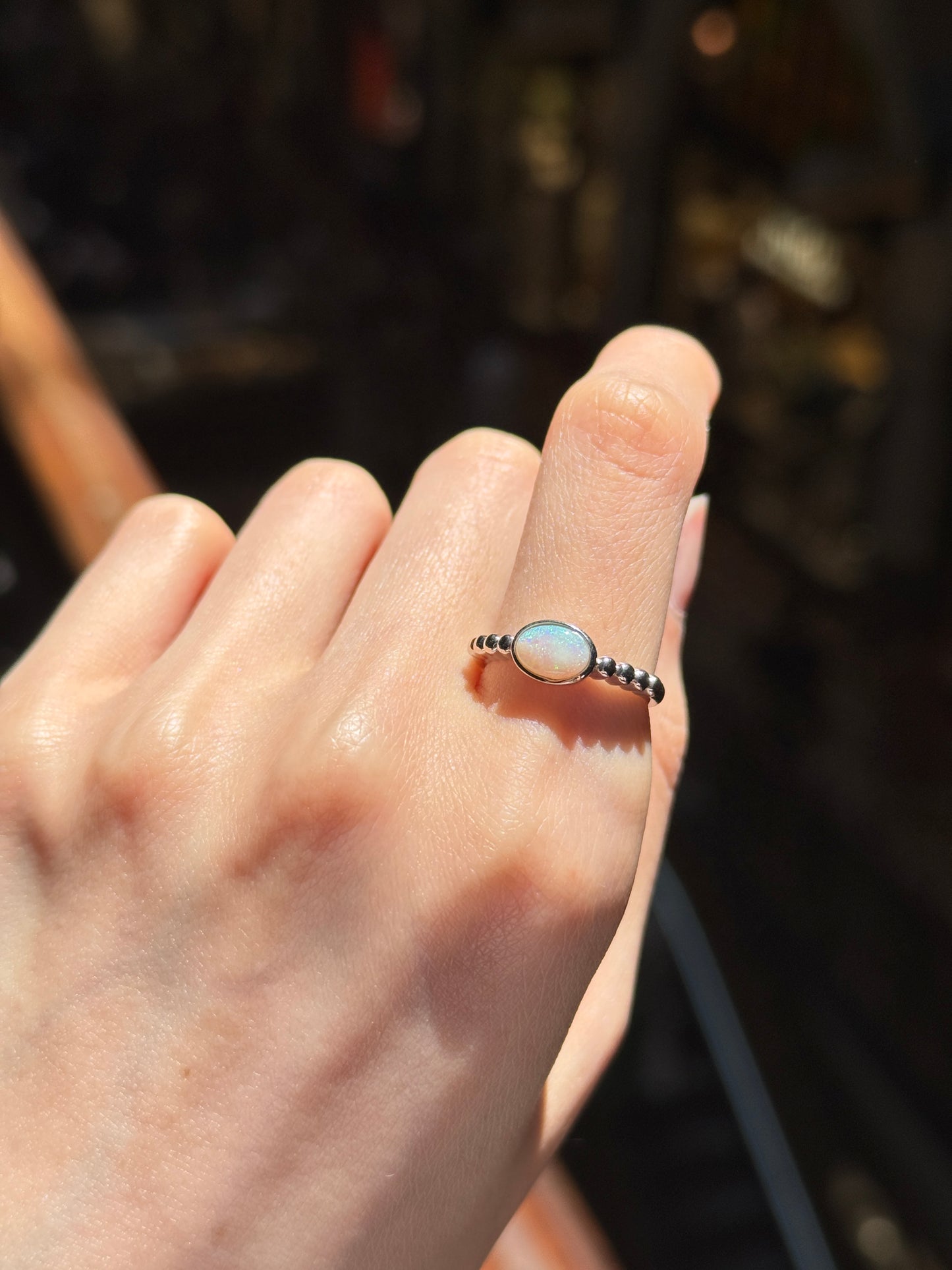 Sterling Silver Davina Solid White Opal Ring on Beaded Band