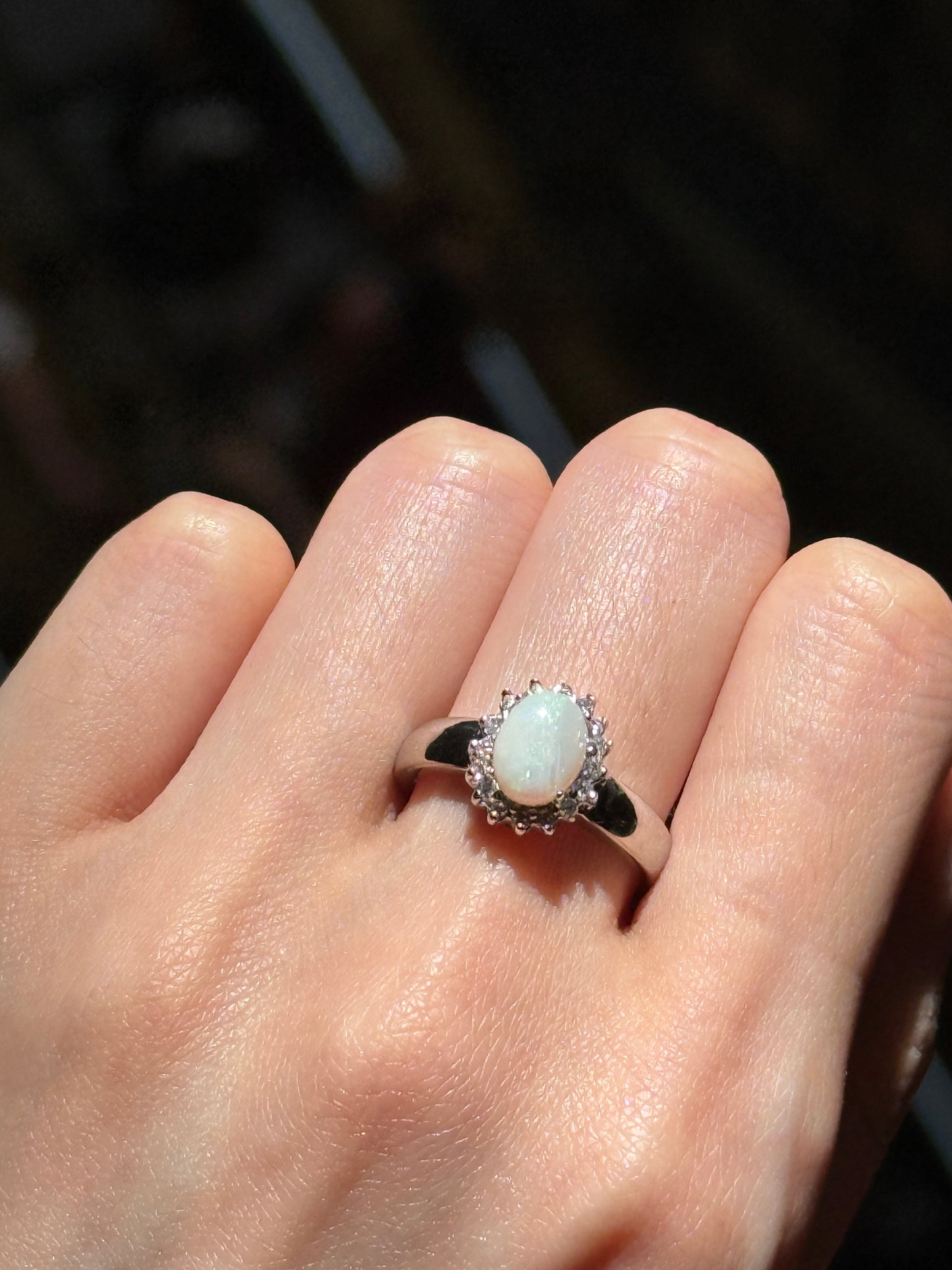 Sterling Silver Classic Solid White Opal Ring with Cubic Zirconia Halo