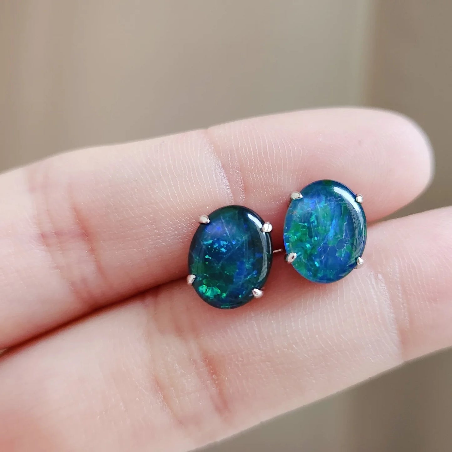Sterling Silver Oval Triplet Opal Stud Earrings (Large)