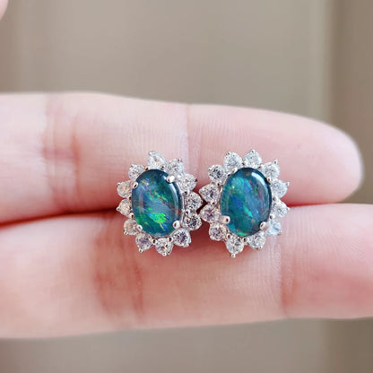 Sterling Silver Halo Triplet Opal Stud Earrings (Medium)