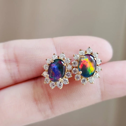 Sterling Silver Halo Triplet Opal Stud Earrings (Medium)