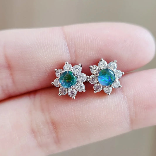Sterling Silver Round Halo Triplet Opal Stud Earrings