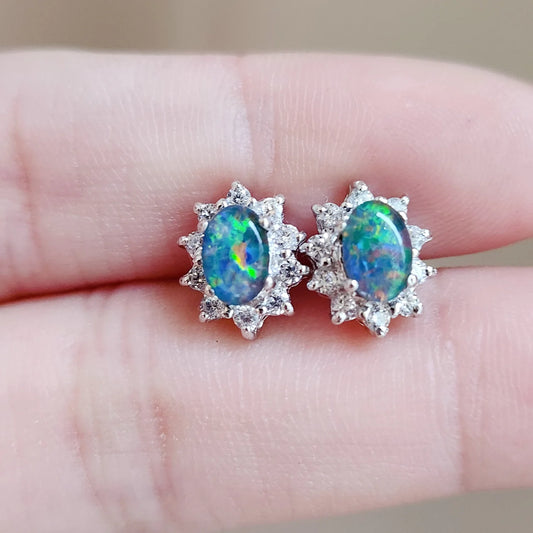 Sterling Silver Halo Triplet Opal Stud Earrings (Mini)