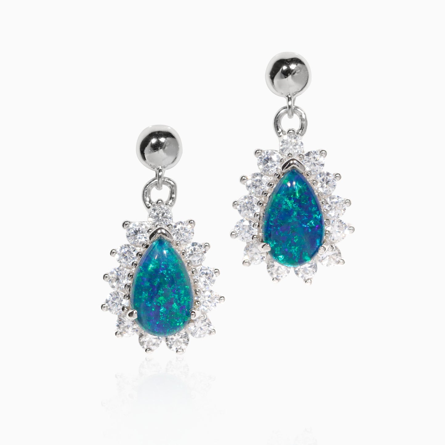 Sterling Silver Pear Triplet Opal Drop Earrings with Cubic Zirconia Halo