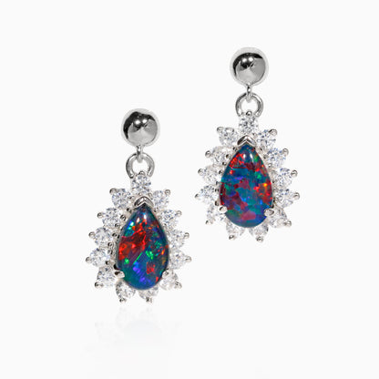 Sterling Silver Pear Triplet Opal Drop Earrings with Cubic Zirconia Halo