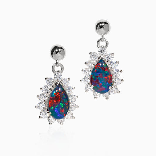 Sterling Silver Pear Triplet Opal Drop Earrings with Cubic Zirconia Halo