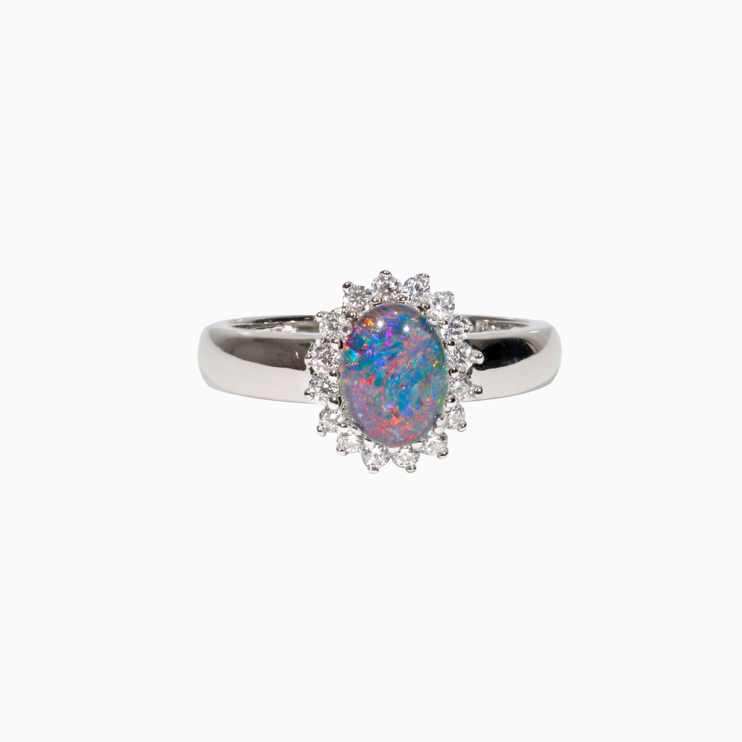 Sterling Silver Raya Triplet Opal Ring with Cubic Zirconia Halo