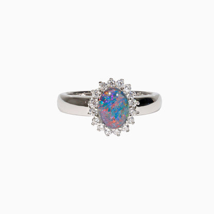 Sterling Silver Raya Triplet Opal Ring with Cubic Zirconia Halo