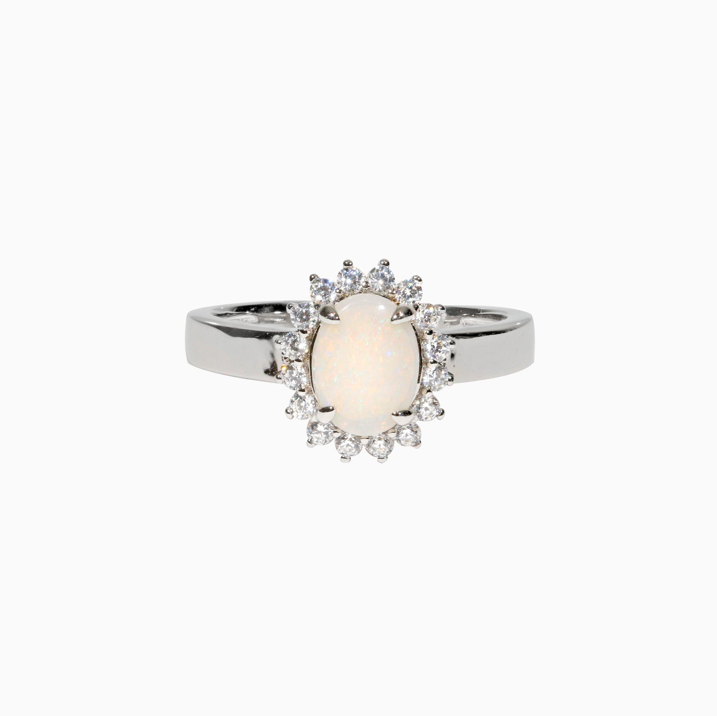 Sterling Silver Classic Solid White Opal Ring with Cubic Zirconia Halo